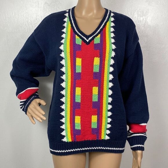 Head 100% cotton V-neck geo print colorful knit pullover sweater size 8 - Picture 1 of 9